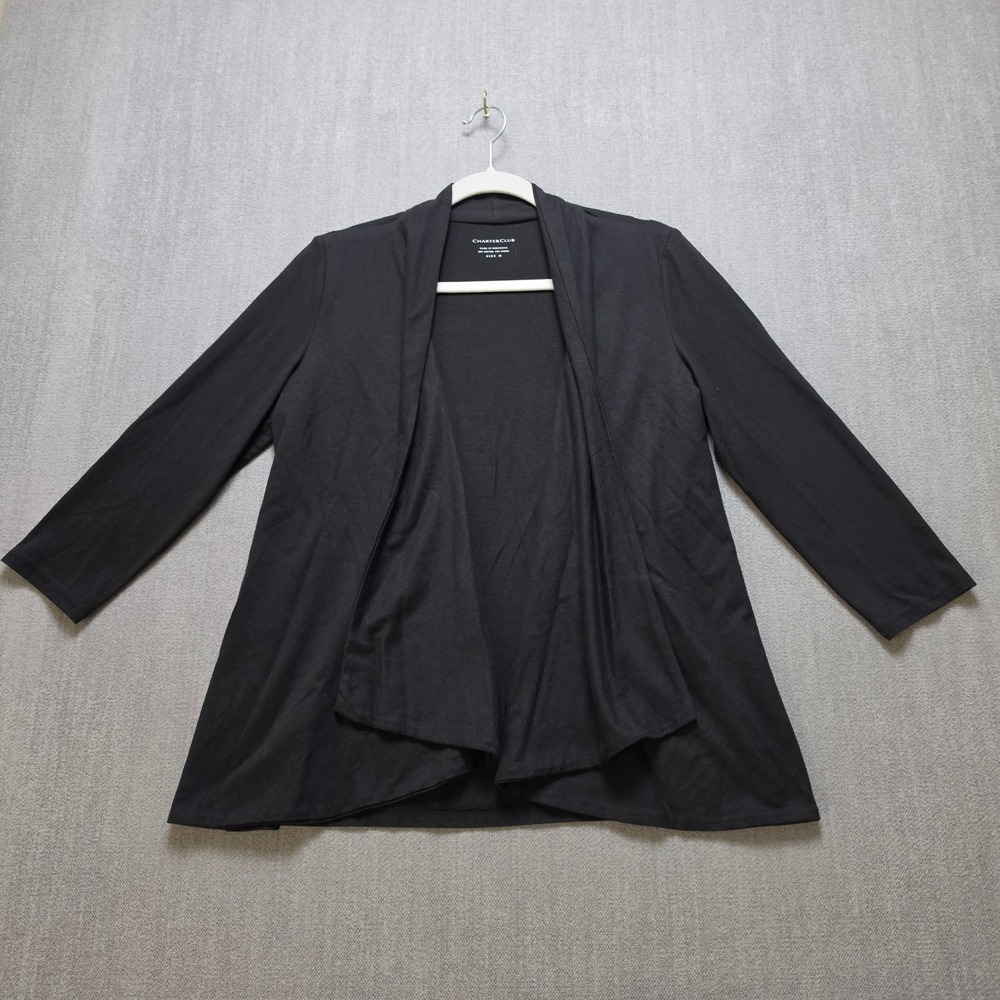 Charter Club Cardigan Women M Black Open Front Cotton Modal Draped 3/4 Sleeve